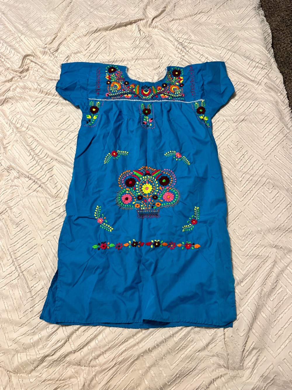 Bright Blue Embroidered Women’s Dress - Colorful Floral Design